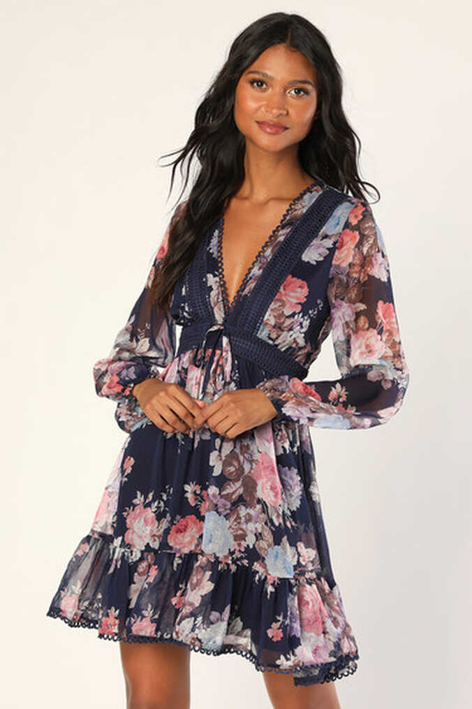 Dark Blue Mini Dress - Floral Dress - Long Sleeve Mini Dress - Lulus