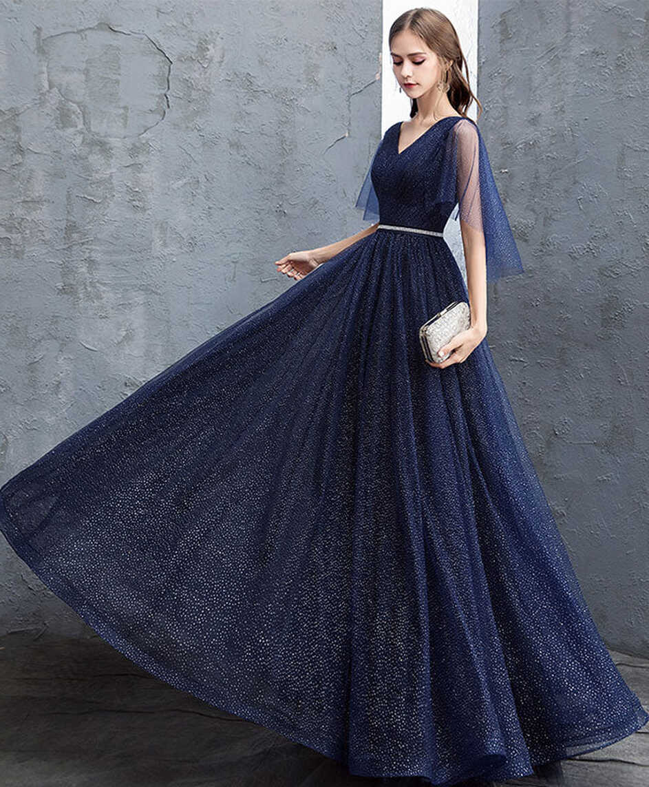 Dark Blue Sequin Tulle Long Prom Dress, Dark Blue Evening Dress ...