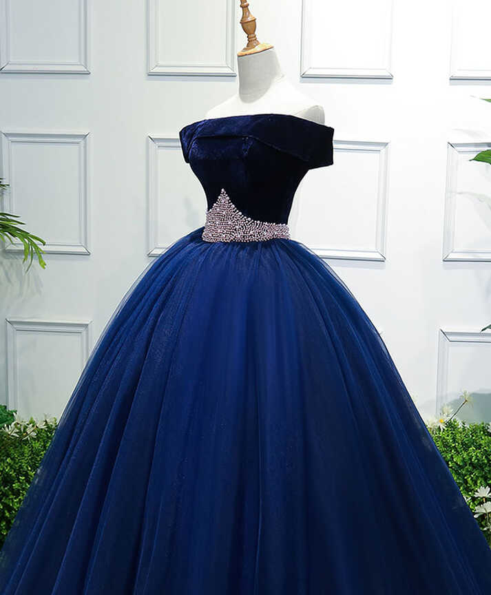 Dark Blue Tulle Off Shoulder Long Prom Dress, Blue Sweet 16 Dress ...