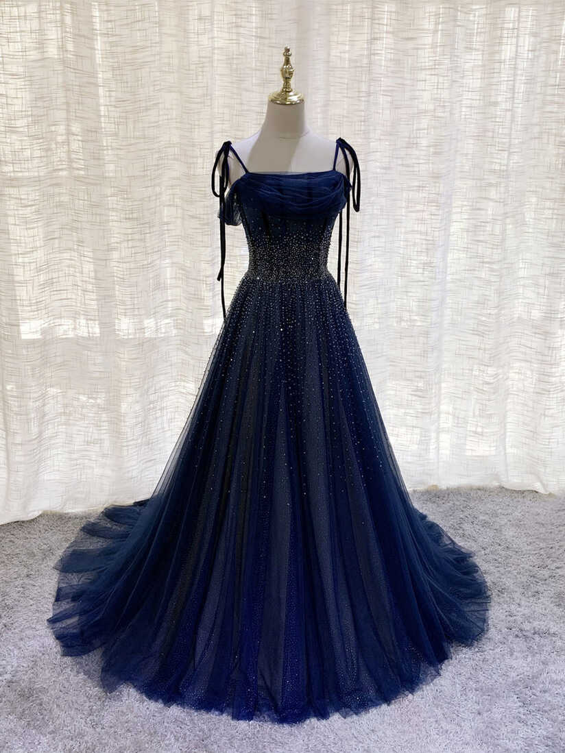 Dark Blue Tulle Sequin Long Prom Dress, Blue Tulle Formal Dress ...