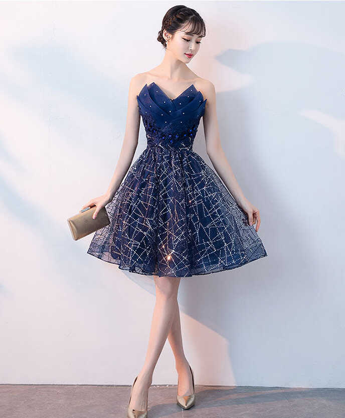 Dark Blue V Neck Tulle Sequin Short Prom Dress, Blue Homecoming ...