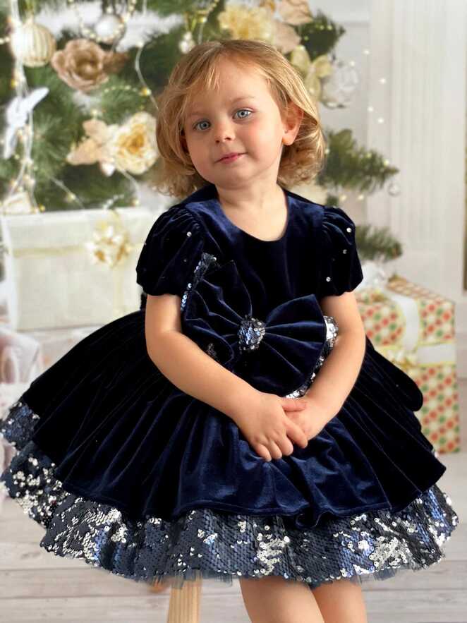 Dark Blue Velvet Flower Girl Dress, Velvet Baby Sequined Dress ...