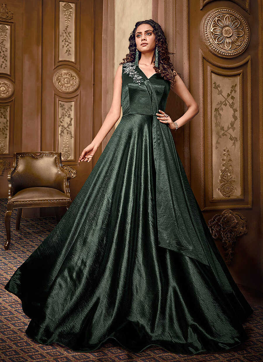 Dark Green Floral Embroidered Layered Indo Western Gown