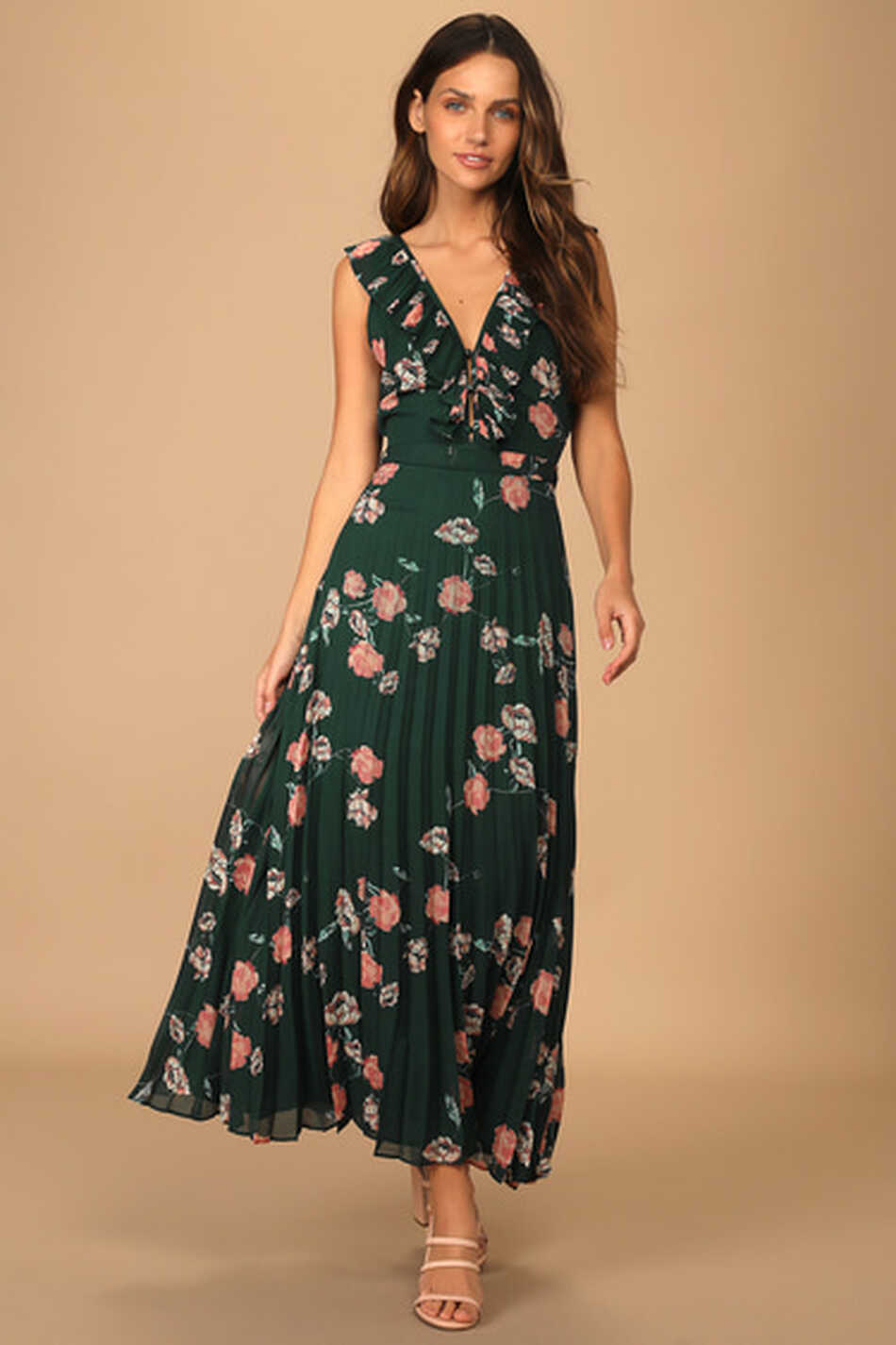 Dark Green Floral Print Dress - Maxi Dress - Pleated Dress - Lulus