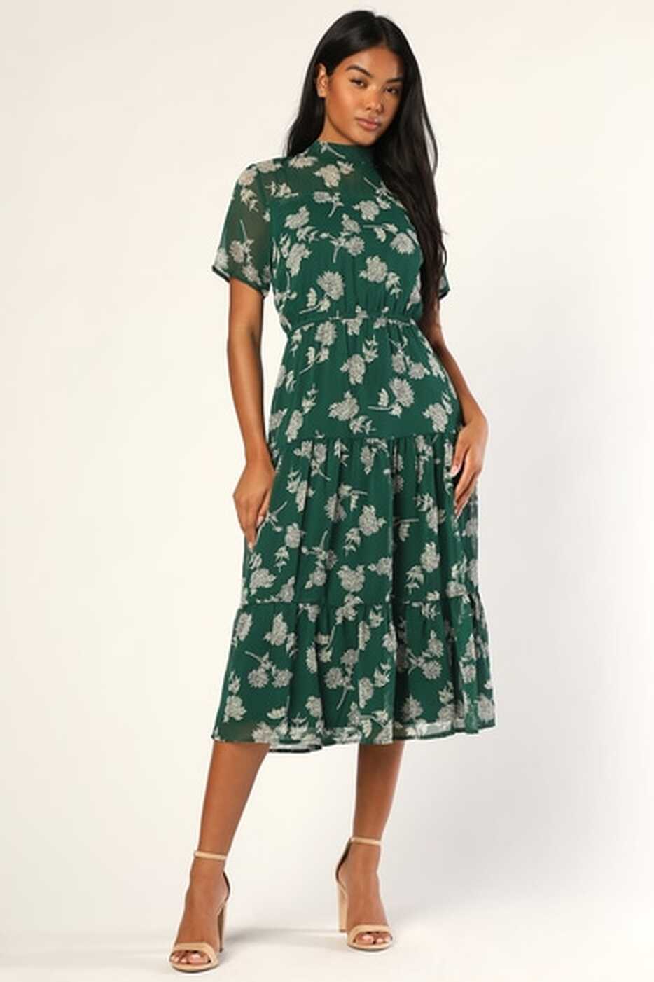 Dark Green Floral Print Dress - Midi Dress - Short Sleeve Dress ...