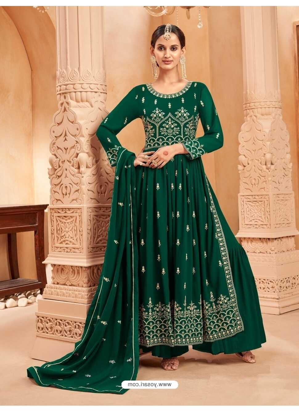 Dark Green Georgette Zari Work Naira Cut Palazzo Suit YOS26216