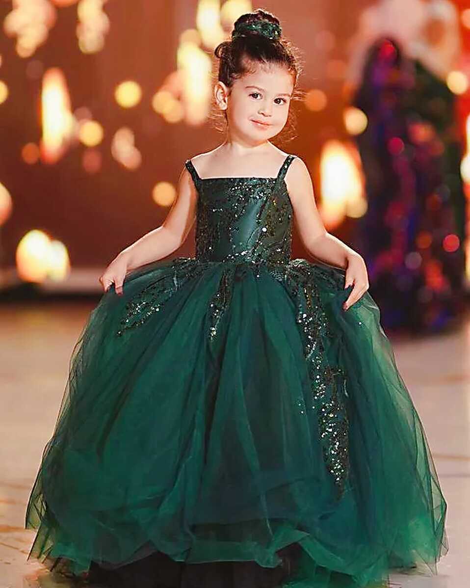 Dark Green Lace Flower Girl Green Ballroom Gown With Tulle ...