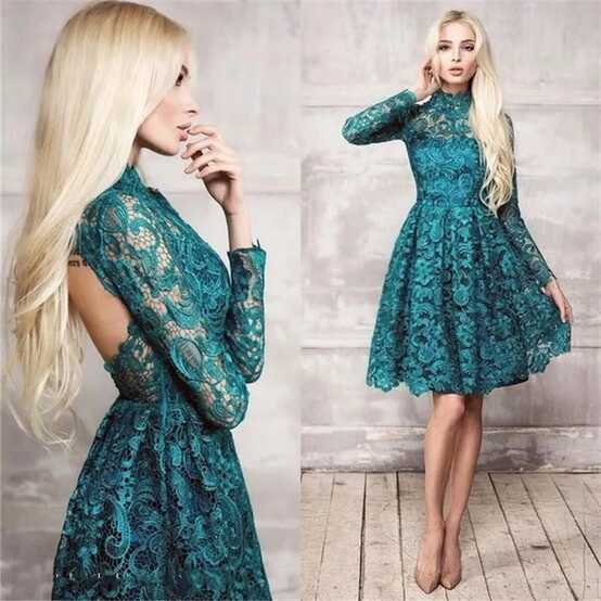 Dark Green Lace Long Sleeves Short Cocktail Party Dresses High ...