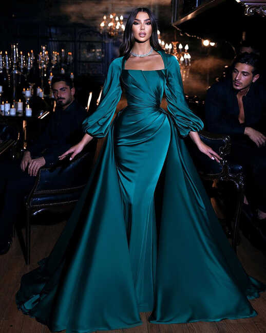 Dark Green Long sleeves Floor length Mermaid Prom Dress with ...