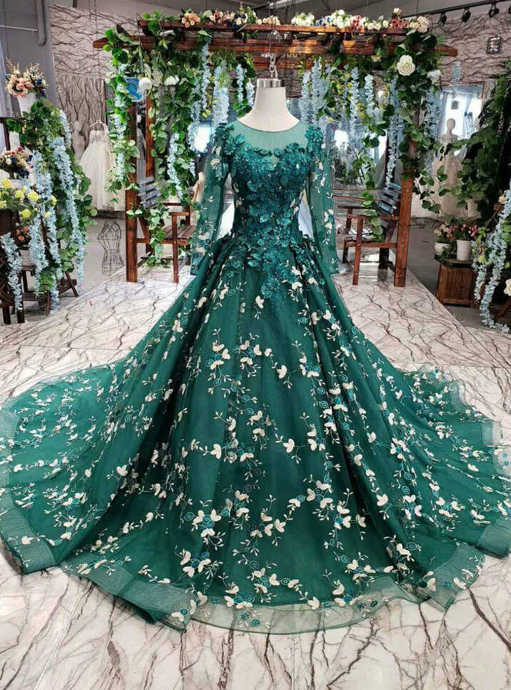 Dark Green Tulle Long Sleeve Appliques Luxury Wedding Dress With ...