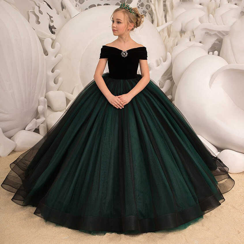 Dark Green Velvet Flower Girl Dress Birthday Wedding party ...