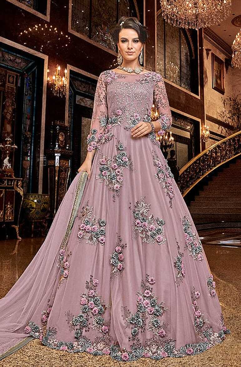 Dark Mauve Designer Heavy Embroidered Net Wedding Anarkali Gown ...