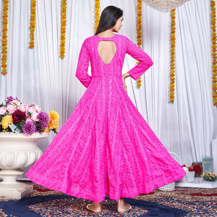 Dark Pink Lucknowi Embroidered Georgette Gown