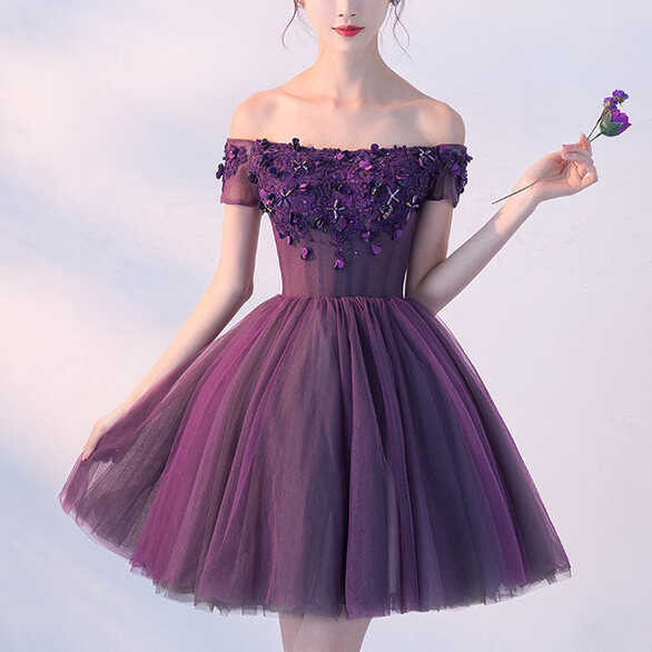 Dark Purple Off-shoulder Short Appliqued Homecoming Dress with ...