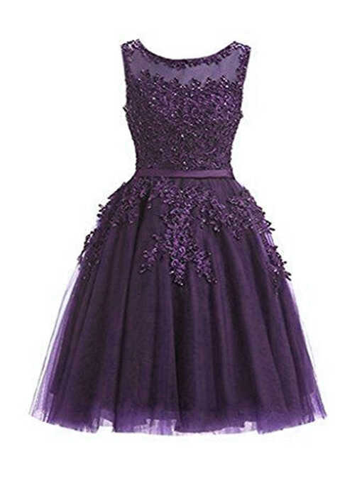 Dark Purple Short Prom Dress, Tulle Prom Dress, Applique ...