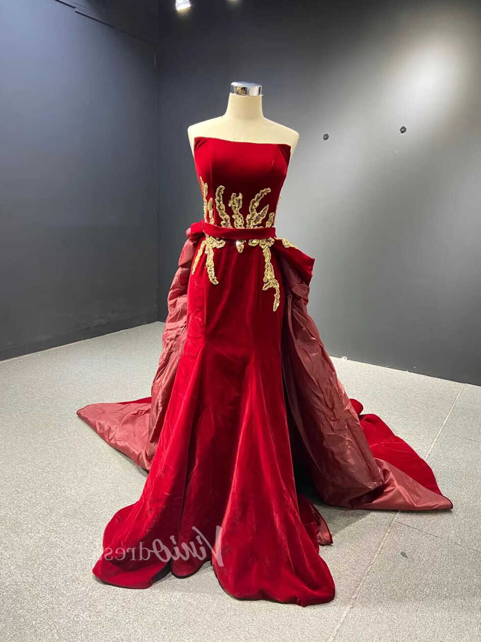 Dark RED Velvet Prom Dresses Strapless Overskirt Ball Gowns 66680 ...