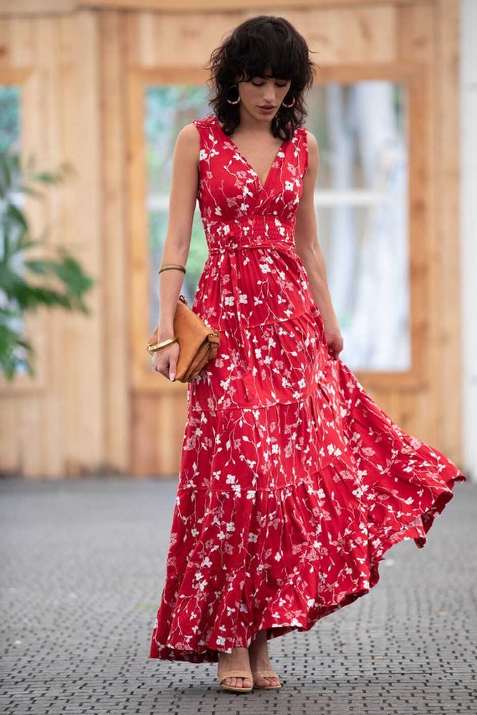 Dark Red Floral Boho Chic Summer Maxi Dress, Women Empire Waist ...