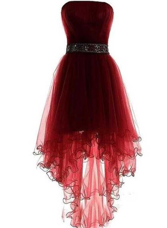 Dark Red High Low Formal Dress with Beaded Belt, High Low Formal ...