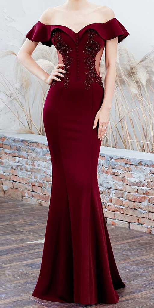 Dark Red Long Tight Off Shoulder Evening Dress