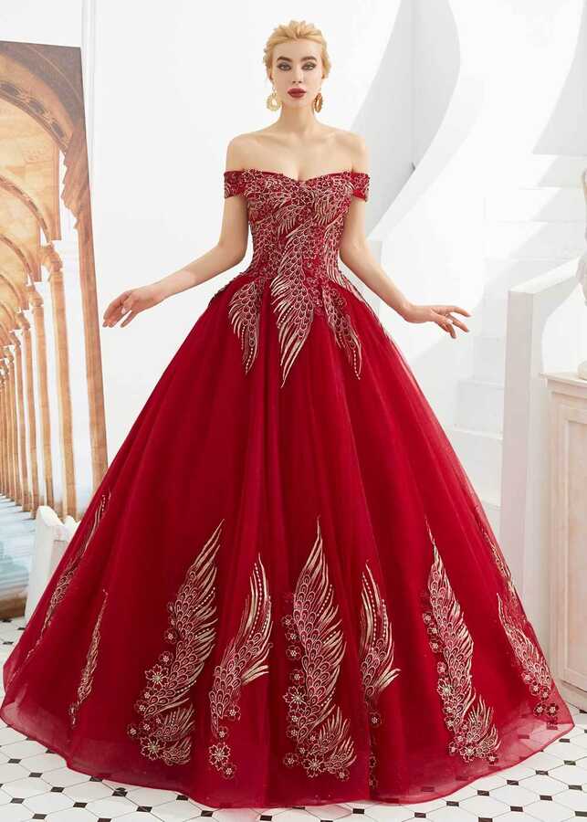 Dark Red Off the Shoulder Ball Gown Prom Formal Dress