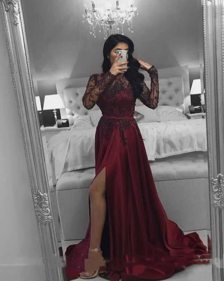 Dark Red Plus Size Formal Evening Long Red Dress With Illusion ...