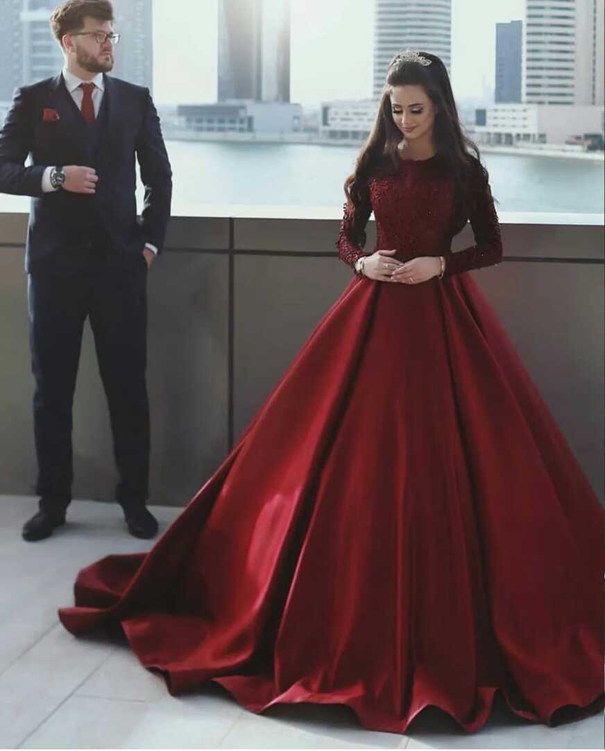 Dark Red Satin Lace Applique Full Sleeve Prom Dress With Jewel ...