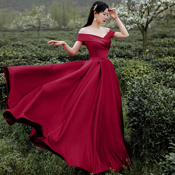 Dark Red Satin Long Off Shoulder A-line Evening Dress, Wine Red ...