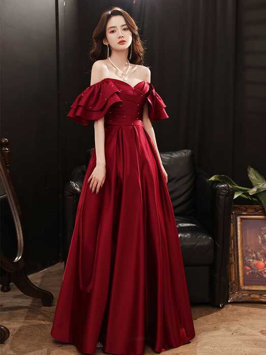 Dark Red Satin New Style Off Shoulder Long Prom Dress, A-line Long ...