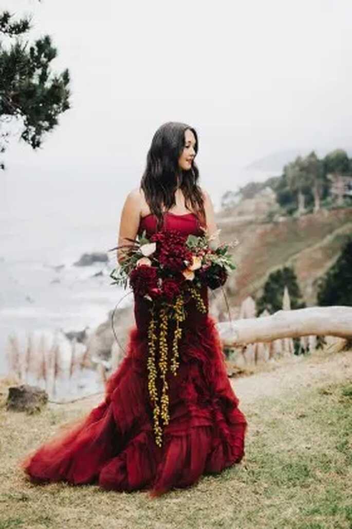 Dark Red Satin Tulle Flanged Destination Wedding Dress - VQ