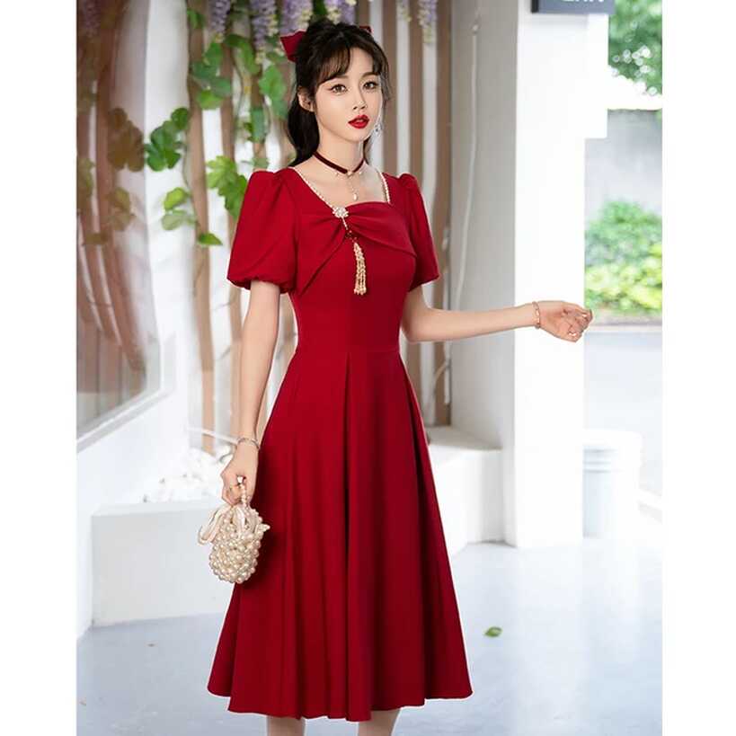 Dark Red Square Collar Women Dress Elegant Short Puff Sleeve Mid ...