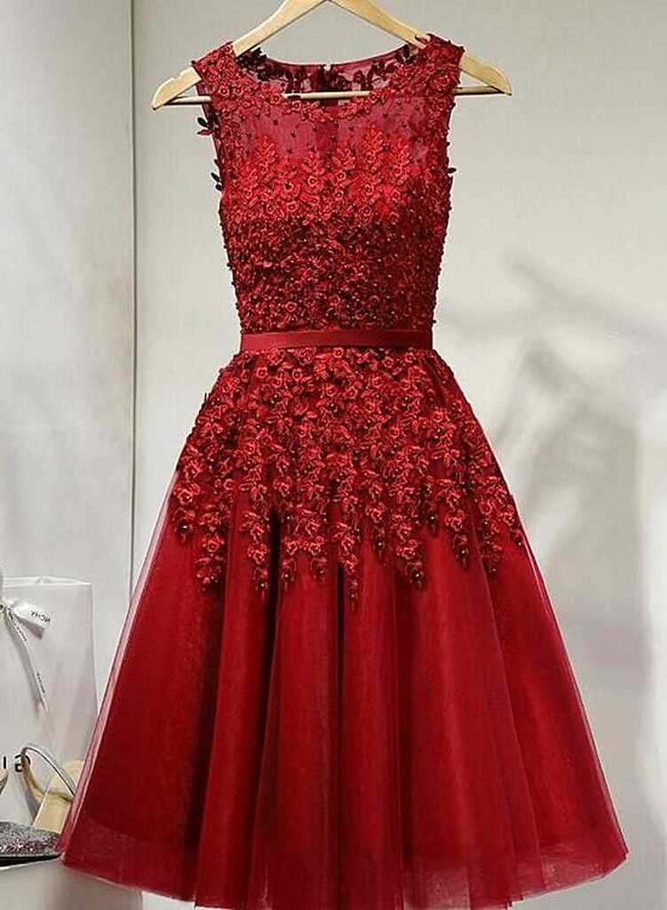 Dark Red Tulle Knee Length Party Dress, Wine Red Homecoming Dress