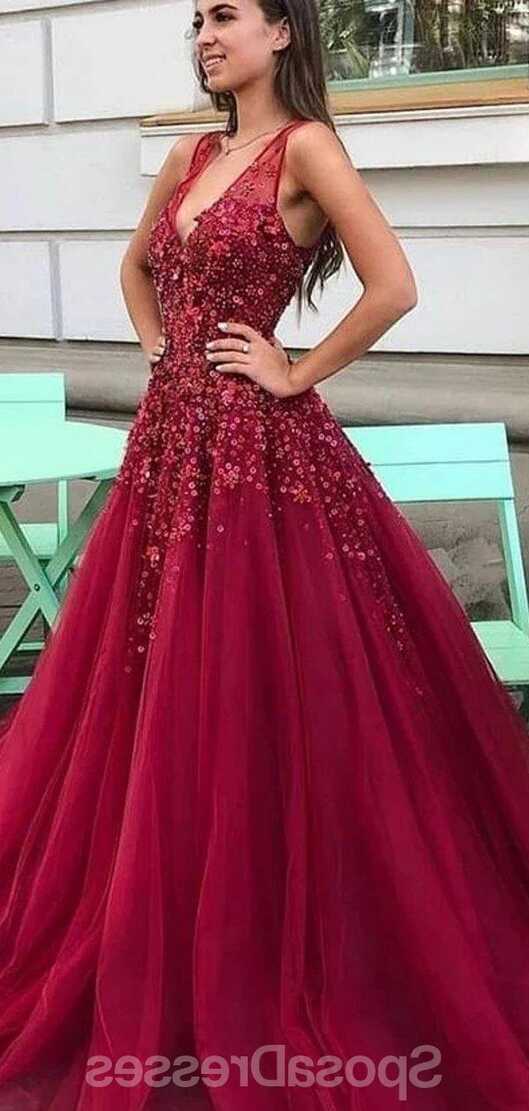 Dark Red V Neck A-line Tulle Long Evening Prom Dresses, Evening ...