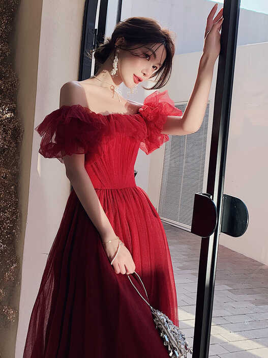 Dark Red Velvet Long Formal Gown, Off Shoulder Dark Red Prom Dress ...