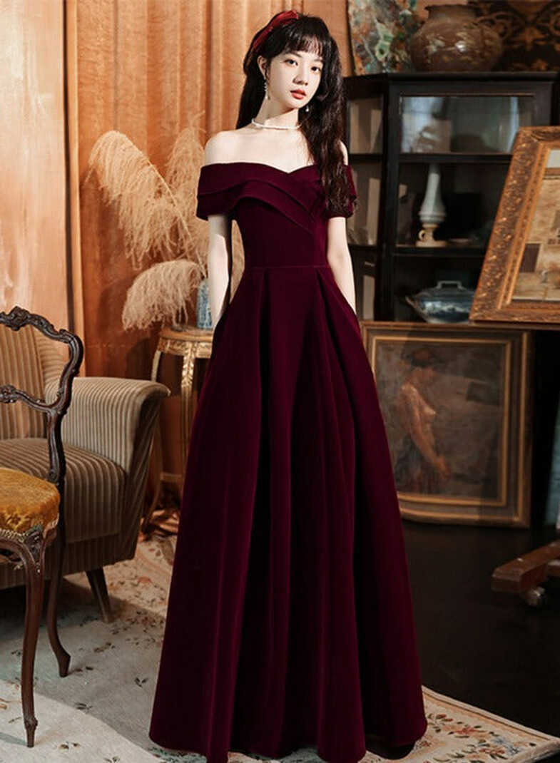 Dark Red Velvet Long Party Dress Prom Dress 2022, A-line Formal ...