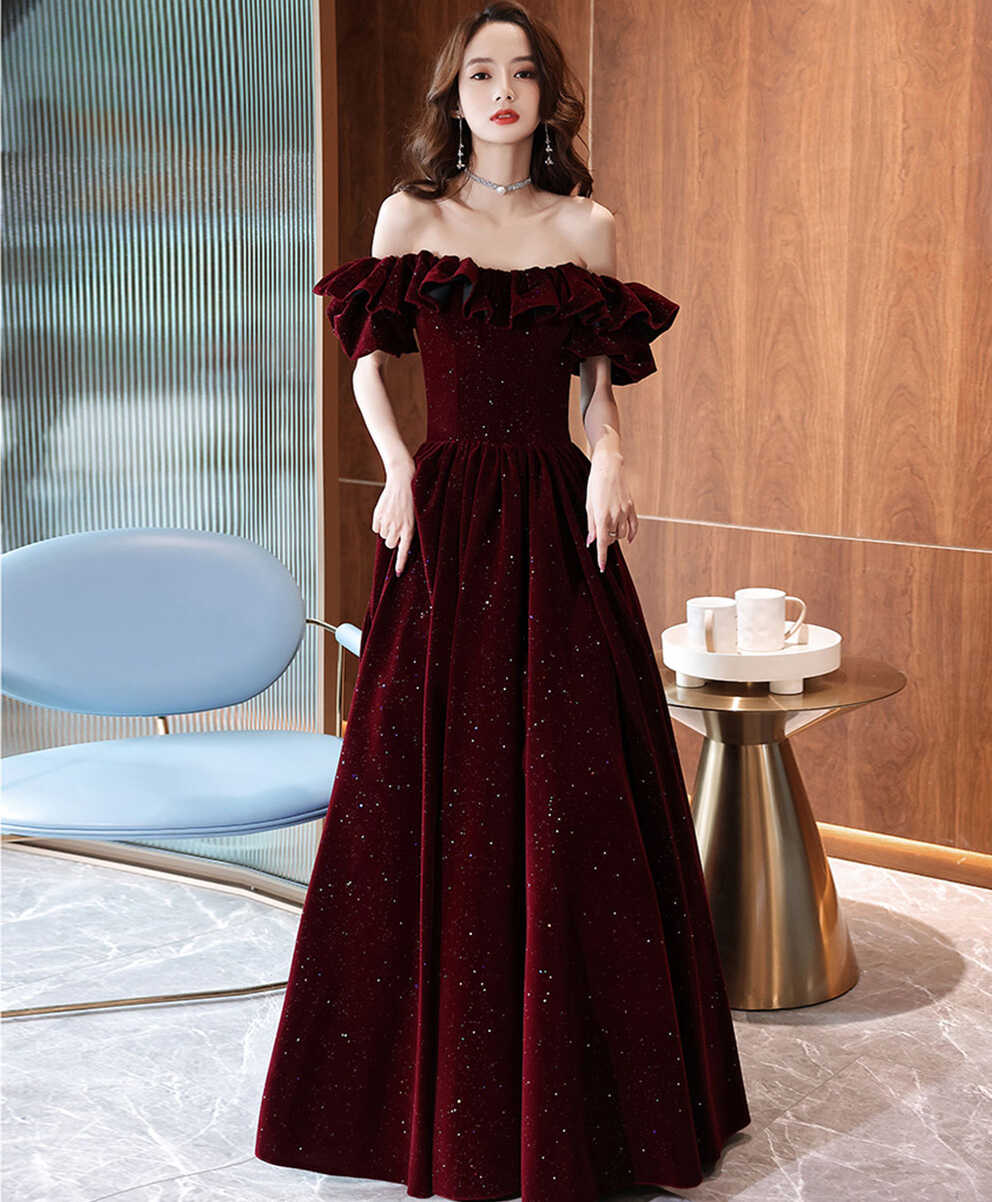 Dark Red Velvet Off Shoulder Party Dress, A-line Velvet Long ...