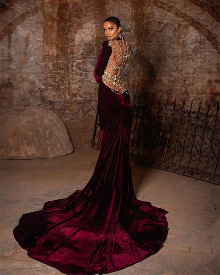 Dark Red Velvet Prom Dresses High Neck Long Sleeves Evening Dress ...