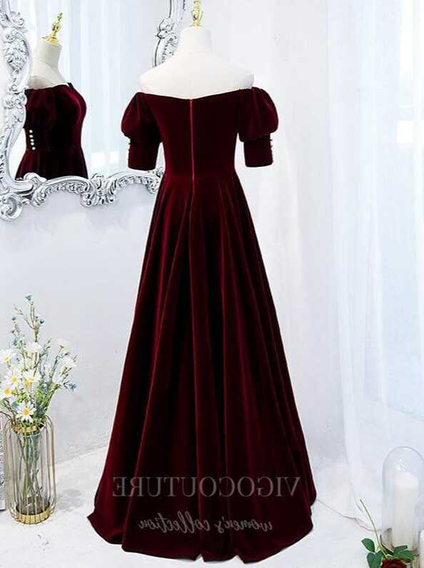 Dark Red Velvet Short Sleeve Prom Dress 2022 Off the Shoulder ...