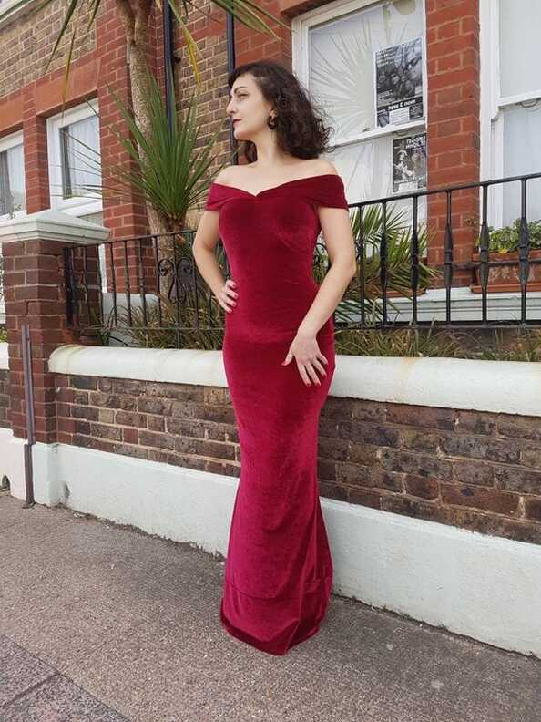 Dark Red Velvet off the Shoulder Evening Christmas Glamour Dress ...