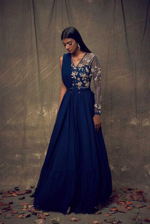 Dark Teal Blue Single Sleeve Embellished Gown