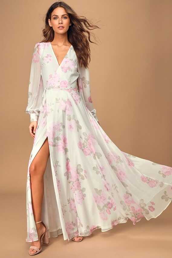 Dark White Floral Maxi Dress - Wrap Dress - Long Sleeve Dress - Lulus