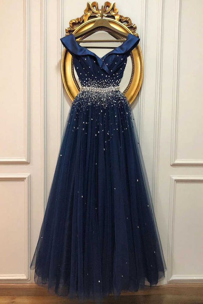 Dark blue satin sequin long prom dress dark blue evening dress ...