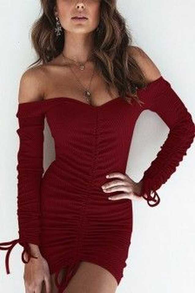 Dark-red Ribbed Off Shoulder Ruched Long Sleeve Sexy Bodycon Dress