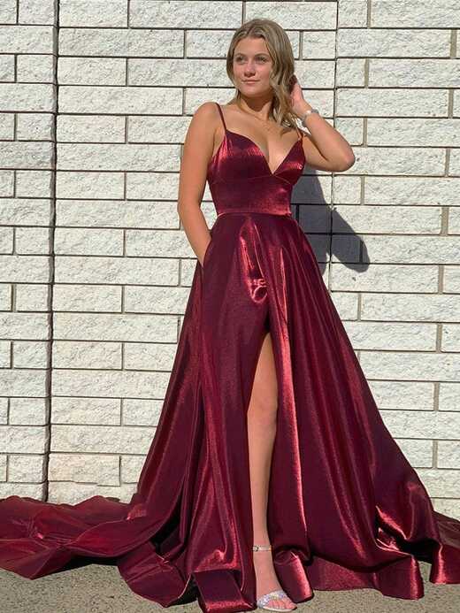 DarkRed Satin A Line Tight Long Prom Dress With Slit | KissProm