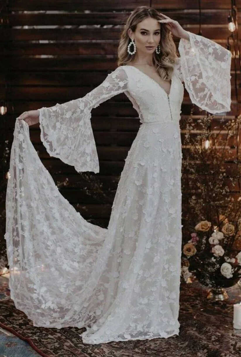 Dawn Long Sleeve V-Neck Wedding Dress | Dreamers and Lovers