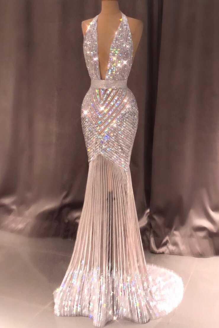 Dazzling Beading Crystals Sheer Sexy Prom Pageant Dress - Lunss