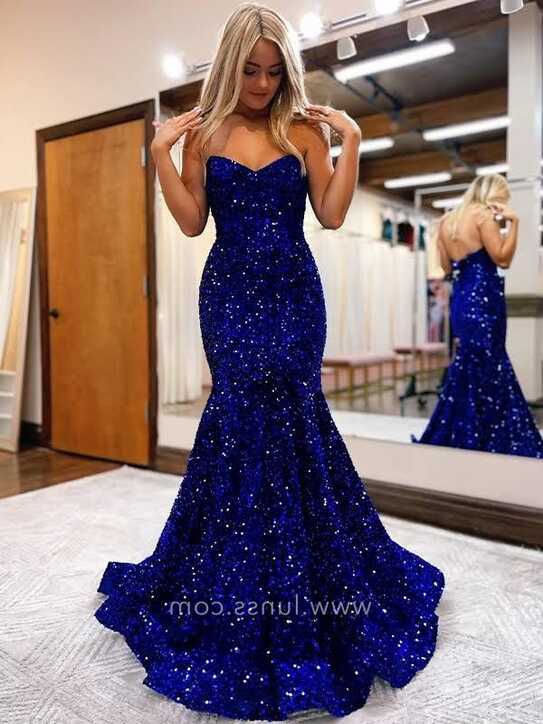 Dazzling Royal Blue Sequin Elegant Mermaid Prom Dress - Lunss