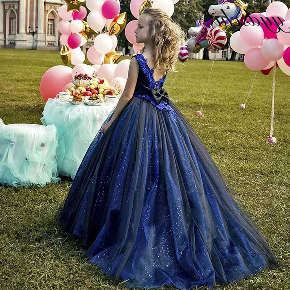 Deep Blue Shiny Flower Girl Dresses Elegant Princess Lace Ball ...