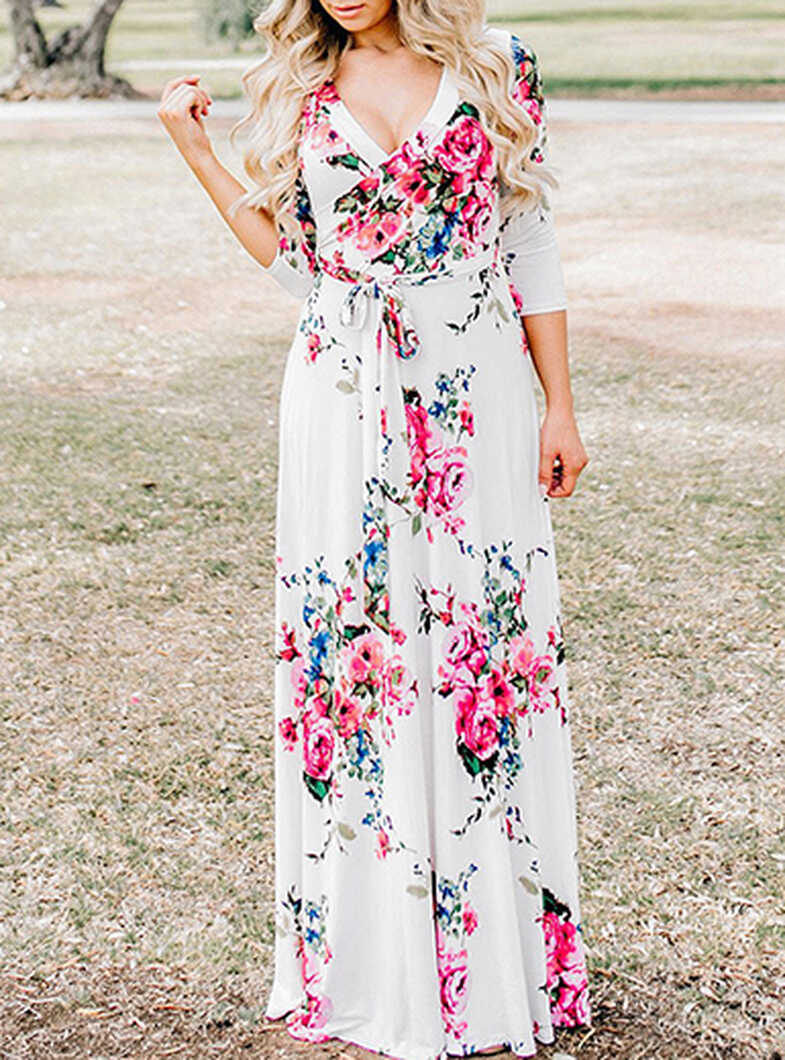 Deep V Floral Maxi Dress - 3/4 Sleeve / White