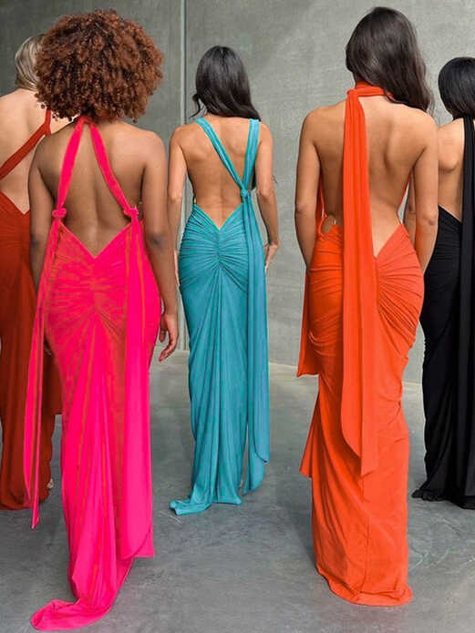 Deep V Neck Backless Hollow Out Maxi Dress