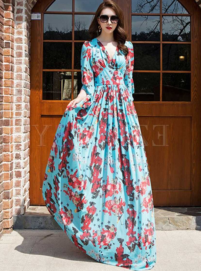 Deep V-Neck Flare Sleeve Floral Print Long Beach Dresses